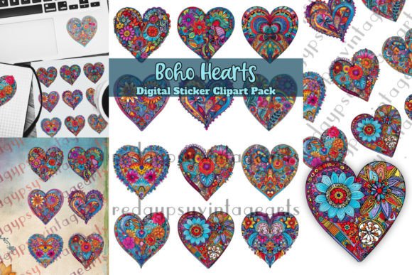 Boho Hearts Digital Stickers Clipart Set Grafik Hochwertige grafische Objekte Von Red Gypsy Vintage Arts