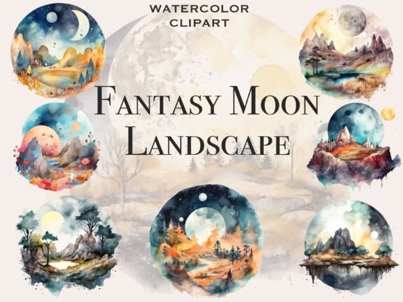 Watercolor Full Moon Landscape Clipart Graphic Illustrations By FantasyDreamWorld