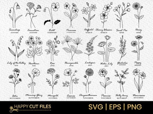 Birth Month Flower Svg Bundle Clipart Illustration Artisanat Par happycutfiles