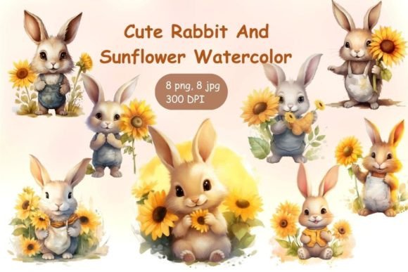 Cute Rabbit and Sunflower Watercolor Gráfico Ilustraciones Imprimibles Por ArtofWoonsen