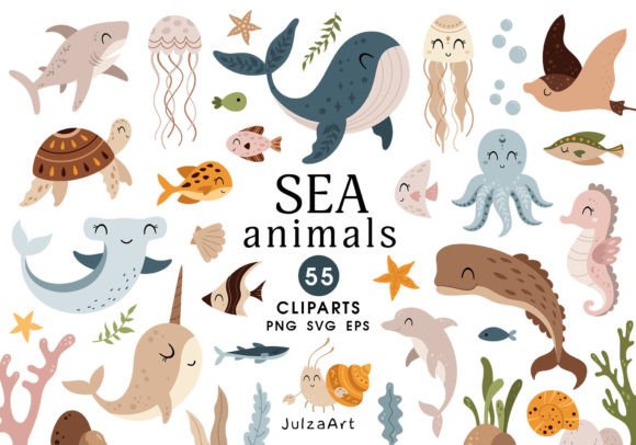 Sea Animals Clipart, Undersea World Svg Grafik Plotterdateien Von JulzaArt