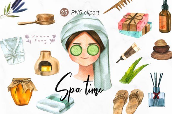 Spa Day Watercolor Elements Clipart, PNG Graphic Illustrations By Wannafang