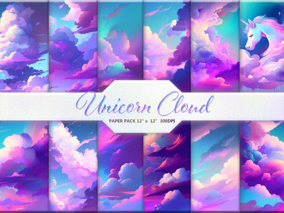 Unicorn Cloud Digital Paper Graphic Backgrounds By DifferPP