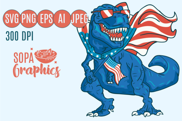 AmeriSaurus Rex 4th of July Dinosour Graphic T-shirt Designs By SopaGraphics