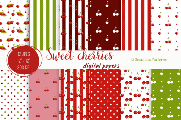 Sweet Cherries Digital Paper Pack Grafika Papierowe Wzory Przez Sweet Creativities