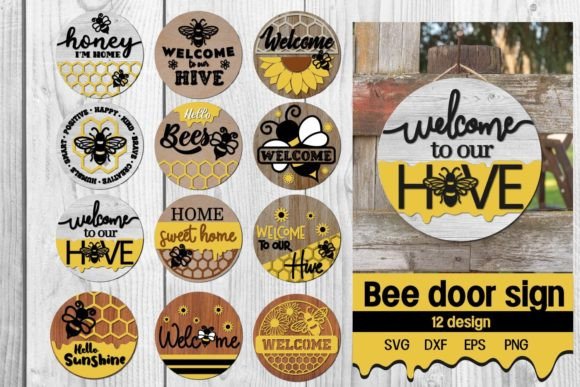 Bee Door Sign, Welcome to Our Hive Graphic Print Templates By dadan_pm