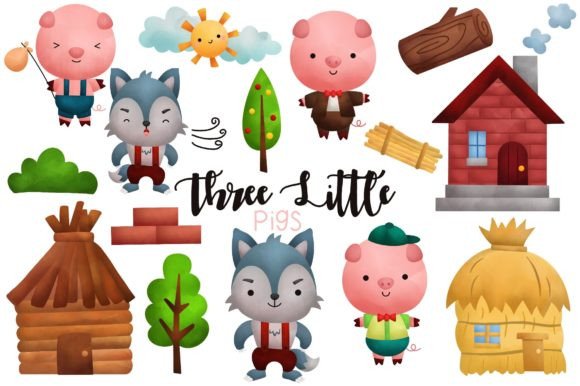 Doodle Three Little Pigs Watercolor Graphic Illustrations By Inkley Studio