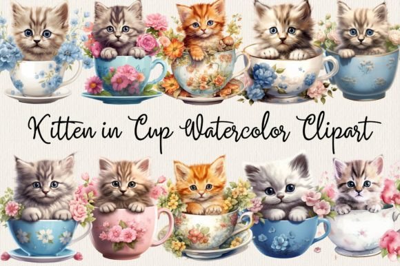 Kitten in Cup Watercolor Clipart Graphic AI Illustrations By Arinnnnn Design
