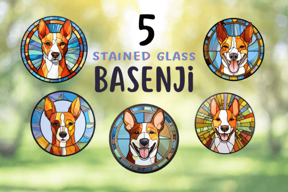 5 Stained Glass Basenji Dog Clipart PNG Graphic Illustrations By TheClipartGuy