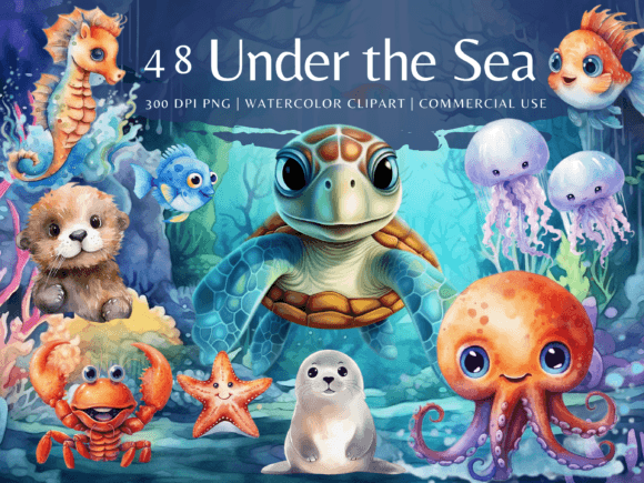 Under the Sea Animals Watercolor Clipart Gráfico PNGs transparentes de IA Por Y watercolor Studio