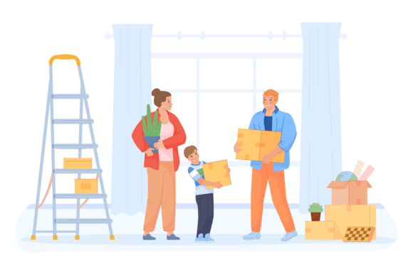 Parents and Kid Hold Cardboard Boxes. Fa Graphic Illustrations By smartstartstocker