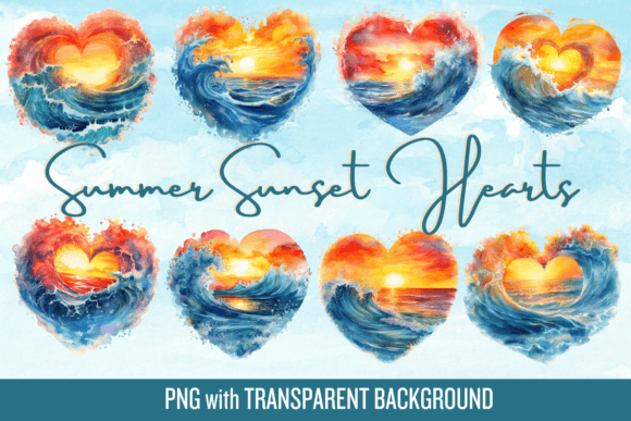 Summer Sunset Ocean Wave Hearts Bundle Graphic Illustrations By whimsyandwishes
