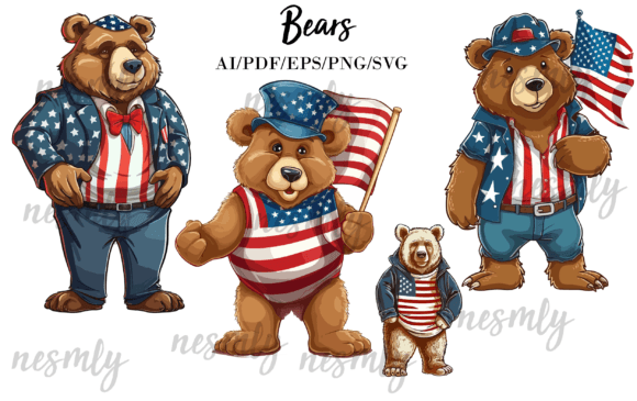 Bear American Flag Clipart Gráfico Ilustrações para Impressão Por NESMLY