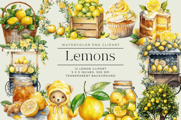 Watercolor Lemon Clipart Set Illustration Illustrations AI Par Cecily Arts