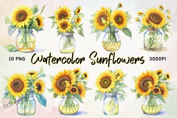 Watercolor Sunflowers in Jar Cliparts Graphic AI Transparent PNGs By Tota Designs