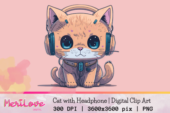 Cat with Headphone Graphic Illustrations By Merilove Digital