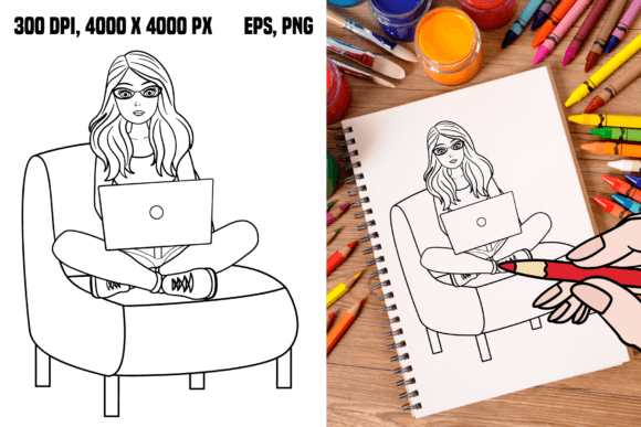 Young Woman Works Remotely for Coloring Graphic Coloring Pages & Books Adults By YuliDor