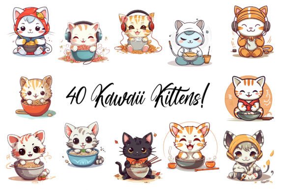 40 Kawaii Kitten Illustration Stickers Afbeelding AI Illustraties Door squeebcreative