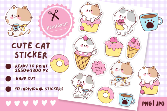 Kawaii Cat. Print and Cut Stickers- Cat Graphic Illustrations By vividdiy8