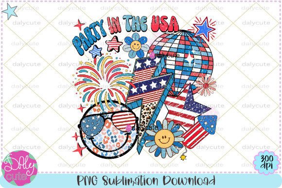 Party in the USA Retro Groovy Patriotic Graphic T-shirt Designs By WinnieArtDesign