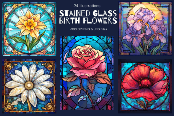Stained Glass Birth Flower Clipart Gráfico Ilustraciones Imprimibles Por Enchanted Marketing Imagery