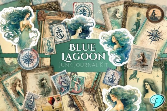 Blue Lagoon Junk Journal Kit Illustration Objets Graphiques de Haute Qualité Par Emily Designs