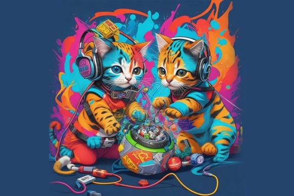Cute Cats Enjoying Music with Headphones Graphic Illustrations By hinaanayat4545