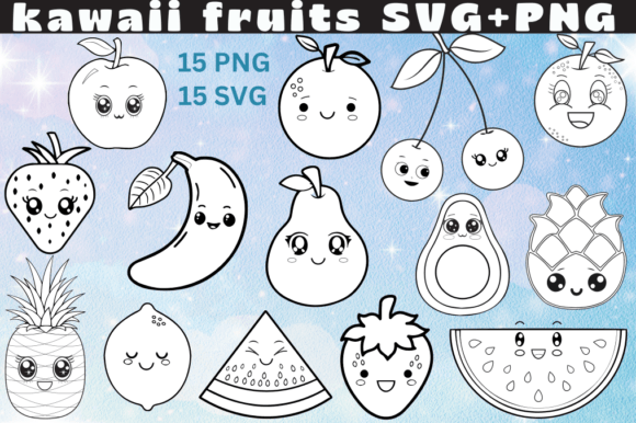 Kawaii Fruits Black and White Cliparts Grafik Druckbare Illustrationen Von Lelix Art