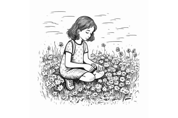 SVG Girl Picking Flowers Meadow Doodle S Gráfico Bocetos IA Por LofiAnimations