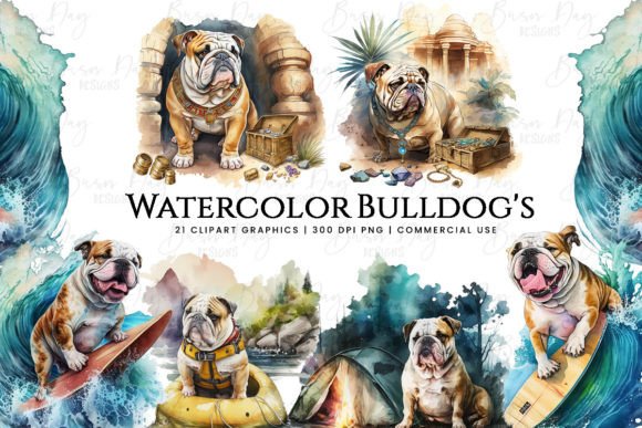 Watercolor Bulldog Clipart Bundle Design Grafika Ilustracje do Druku Przez busydaydesign