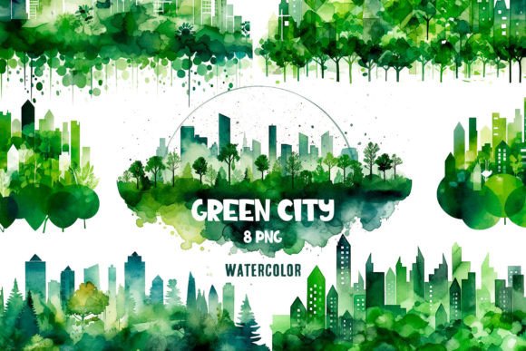 Watercolor Green City Clipart Graphic Illustrations By LaVika