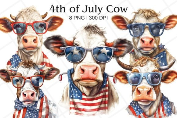 4th of July Cow Watercolor Clipart Graphic Illustrations By Rabbyx