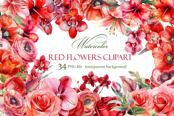 Red Flower Watercolor Clipart Collection Graphic Illustrations By ElenaZlataArt
