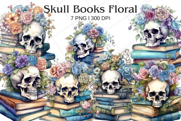 Skull on Books Floral Watercolor Grafik Druckbare Illustrationen Von Rabbyx
