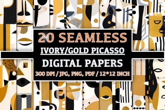 20 Seamless Picasso-style Ivory and Gold Graphic Patterns By NordicDesign