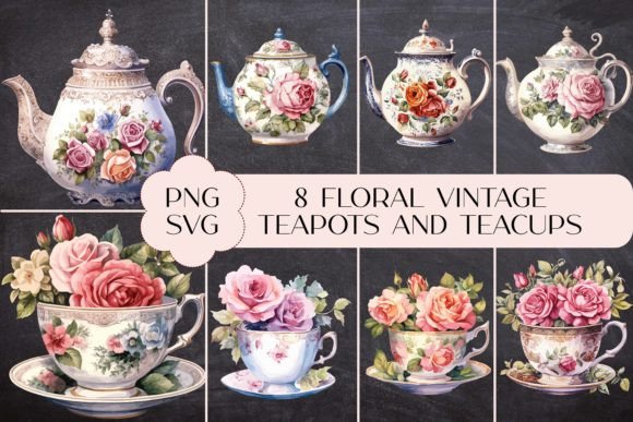 8 Floral Vintage Teapots and Teacups Graphic Illustrations By Sakura Lemon Designs