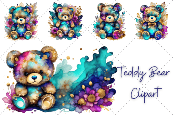 Floral Teddy Bear Clipart Bundle Grafik KI Transparente PNGs Von YnovaArt