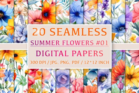 20 Seamless Summer Flower Patterns #1 Illustration Modèles de Papier Par NordicDesign