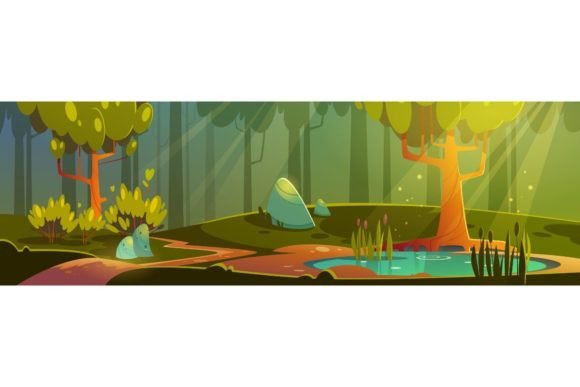 Cartoon Forest Background with Pond or Swamp Afbeelding Afdrukbare Illustraties Door myteamart