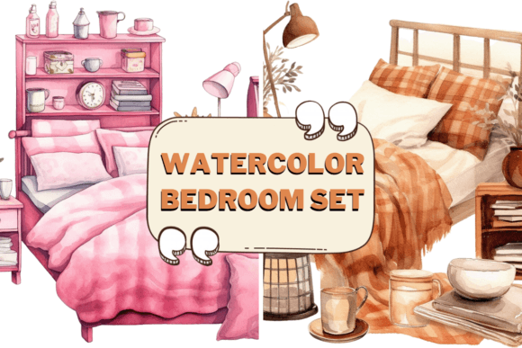 Watercolor Bedroom Furniture Clipart 01 Graphic Illustrations By Pro Aurora Designs