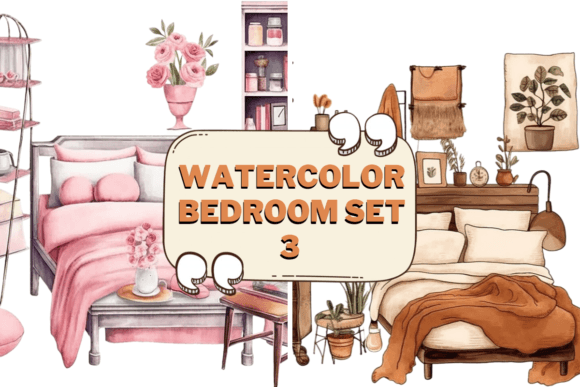 Watercolor Bedroom Furniture Clipart 03 Graphic Illustrations By Pro Aurora Designs