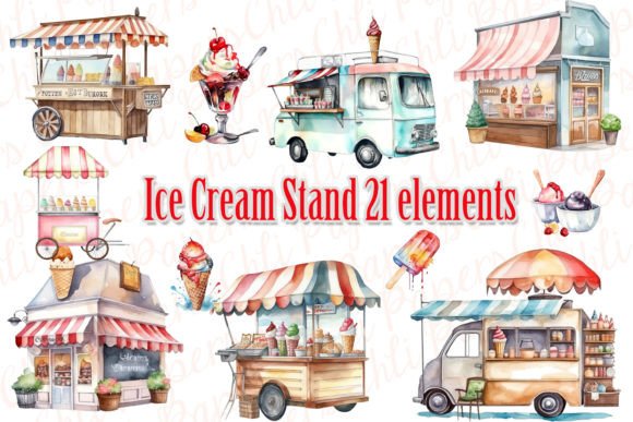 Watercolor Ice Cream Stand Clipart, Graphic Illustrations By ChiliPapers