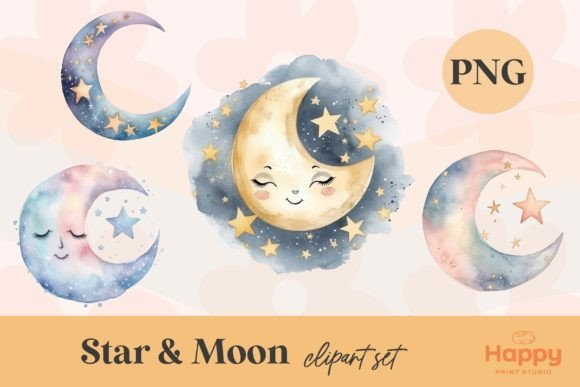 Watercolor Moon and Star Clipart PNG Gráfico PNG transparentes AI Por Happy Print Studio