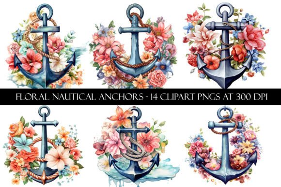 Floral Nautical Anchor Clipart Grafik Druckbare Illustrationen Von Digital Paper Packs