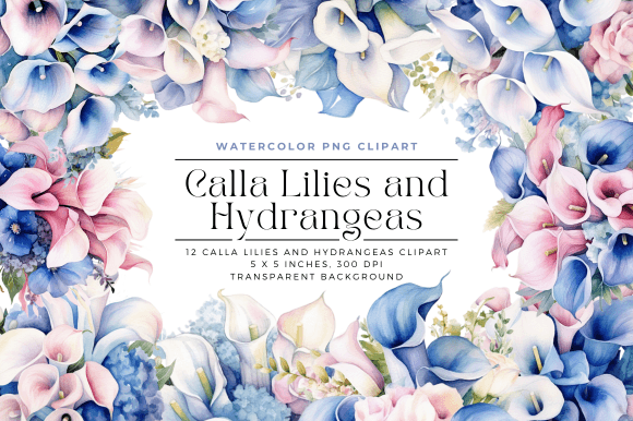Watercolor Calla Lilies and Hydrangeas Illustration Illustrations AI Par Cecily Arts