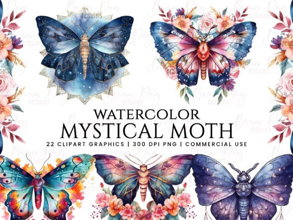 Watercolor Mystical Moth Clipart Bundle Graphic Illustrations By busydaydesign