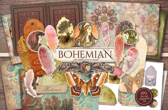 Bohemian Junk Journal Kit Graphic Illustrations By Secret Helper