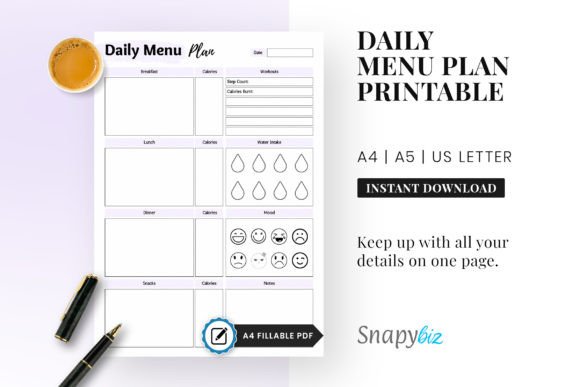 Daily Menu, Daily Menu Chart, Schedule Graphic Print Templates By SnapyBiz