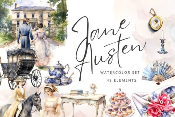 Jane Austen - Watercolor Clipart Set Graphic Illustrations By Daisy Trail