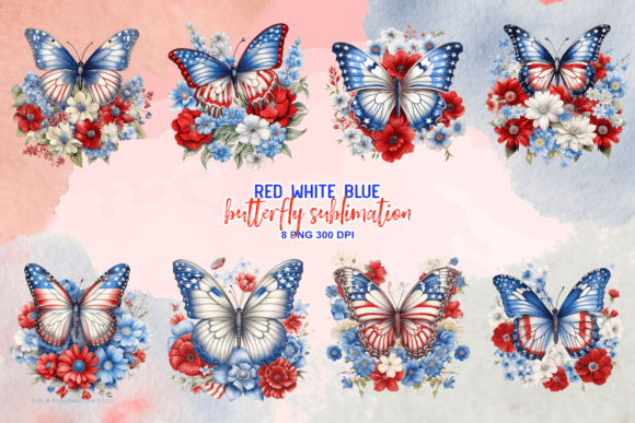 Red White Blue Butterfly Flower Sublimat Graphic Illustrations By Vera Craft